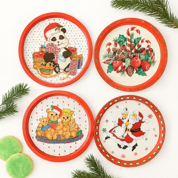 Retro Christmas Metal Cookie Trays Holiday Kitchen Decor Cookie Exchange Swap - Picture 1 of 16